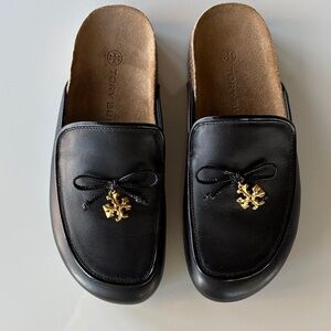 Tory Burch Black Leather Women's Clogs with Gold Accent and Cork Footbed